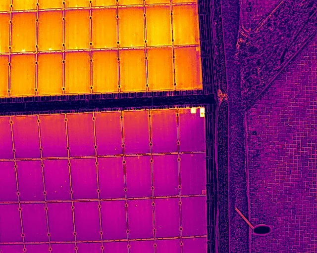 Thermografische Aufnahme einer PV-Aufdachanlage mit erkennbaren Hotspots